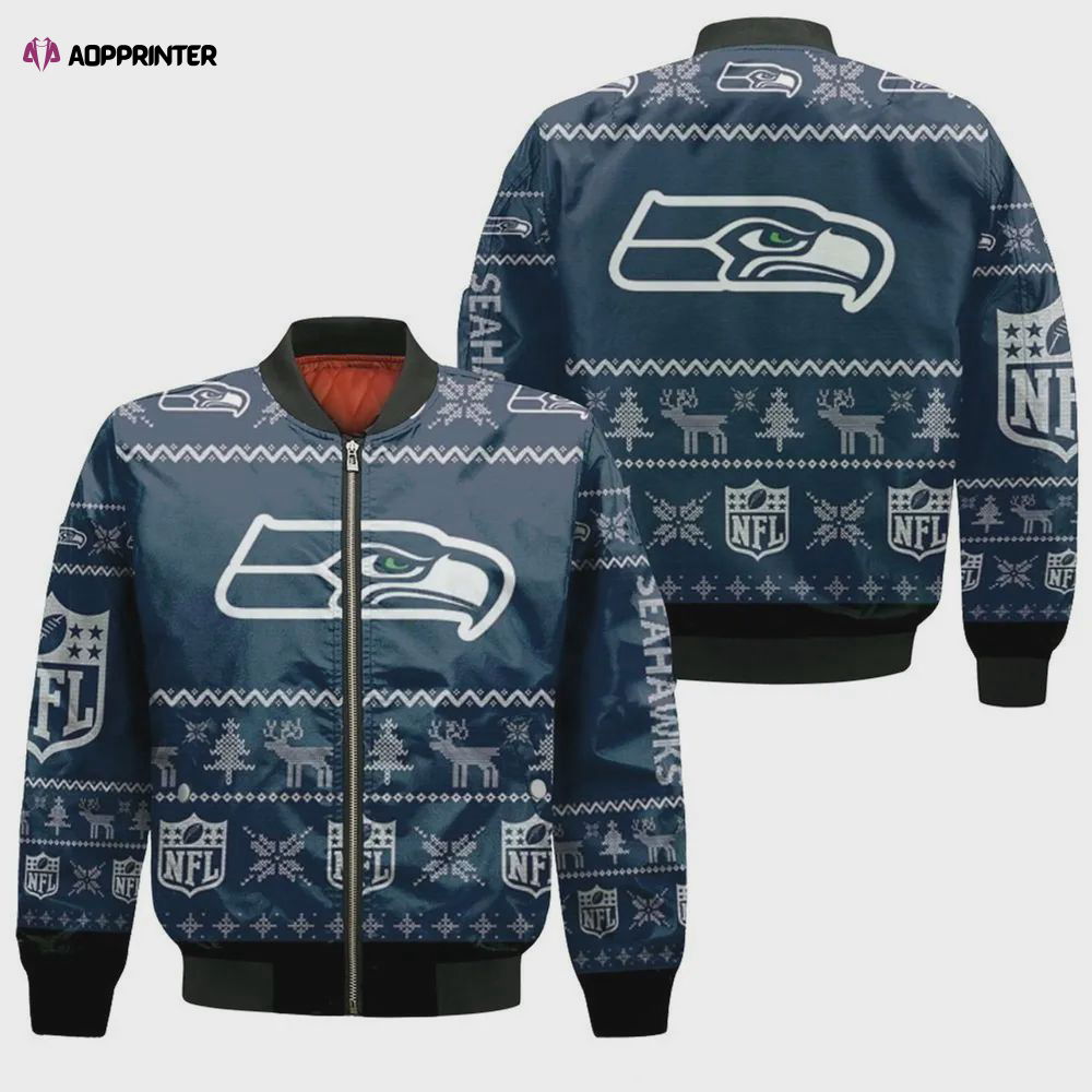 Seattle Seahawks Christmas Pattern Bomber Jacket – Navy Blue Seattle Seahawks Christmas Pattern Bomber Jacket – Navy Blue