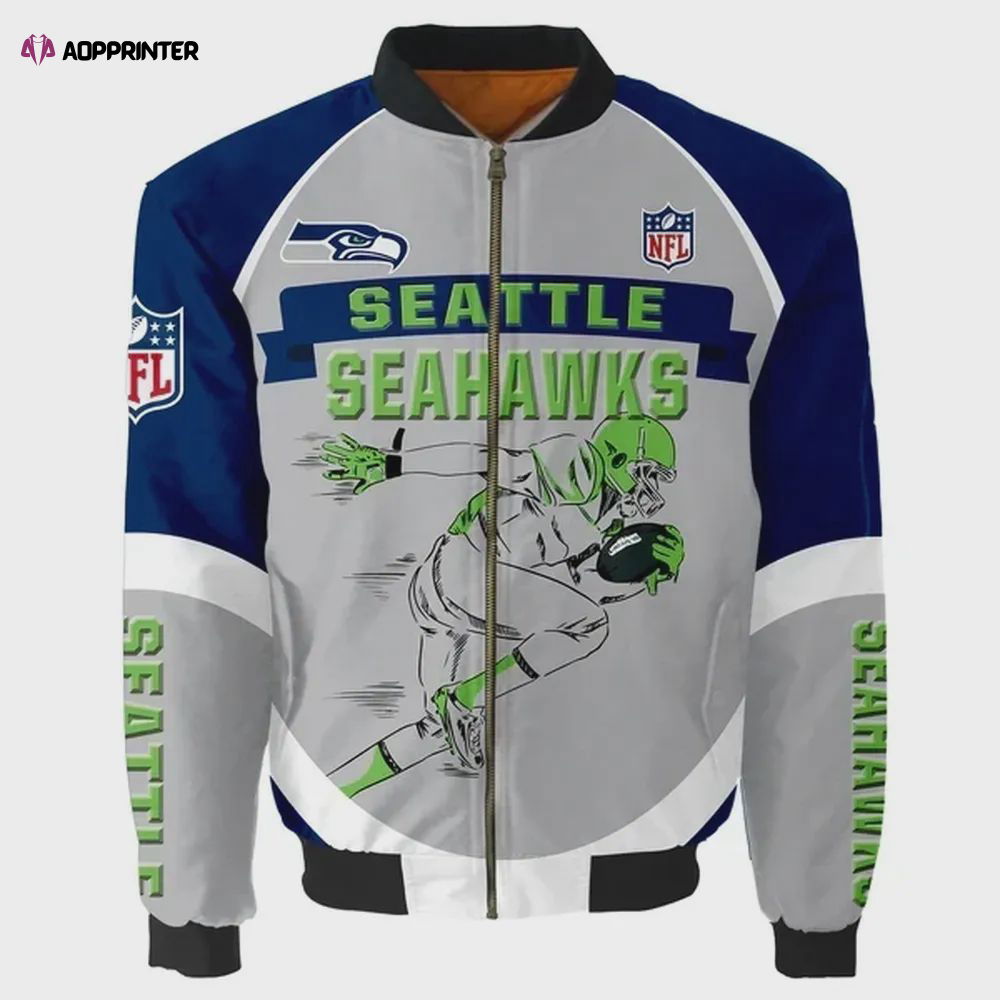 Seattle Seahawks Player Running Pattern Bomber Jacket – Gray And Blue Seattle Seahawks Player Running Pattern Bomber Jacket – Gray And Blue