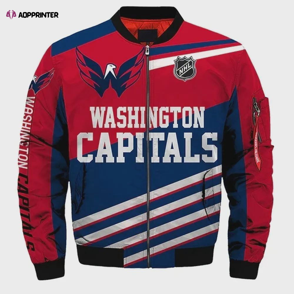 Washington Capitals With Eagle Pattern Bomber Jacket – Navy Blue And Red Washington Capitals With Eagle Pattern Bomber Jacket – Navy Blue And Red